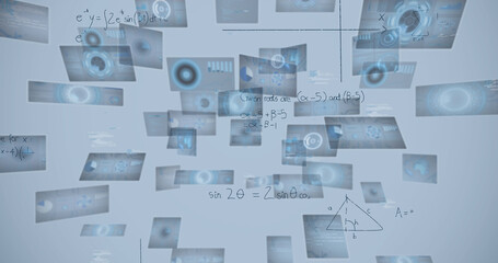 Image of mathematical equations and data processing on white background