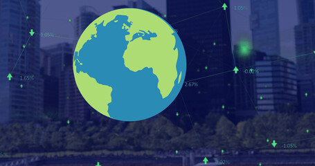 Image of network of connections with globe over cityscape