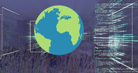 Image of data processing and globe over cityscape