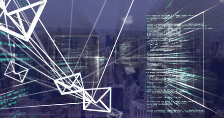 Image of data processing and envelope icons over cityscape