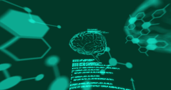 Image of data processing and brains on black background