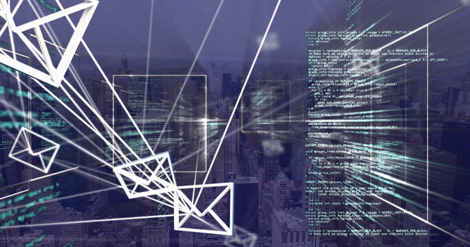 Image of data processing and envelope icons over cityscape - Powered by Adobe