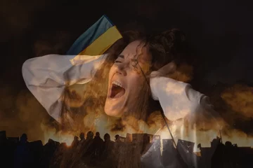 Deurstickers War in Ukraine, woman screaming, fire, military. Fear. hopelessness. © Anna
