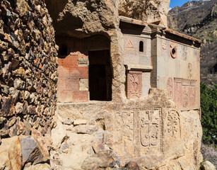 Khatchkars (crosses) of the sacred monastery of Geghard are unique examples of the art and striking in their composition. Geghard monastery, Armenia