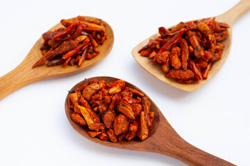 Fried Chili, Spicy snack on white background.