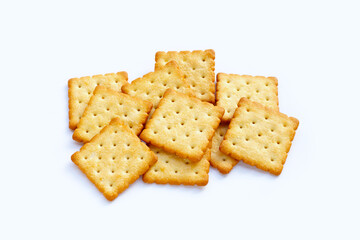 Dry cracker cookies on white background.