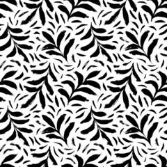 Bold black leaves vector seamless pattern. Hand drawn thick branches with textured leaves and small lines. Foliage vector background. Repeating texture with branches. Tropical ornament. 