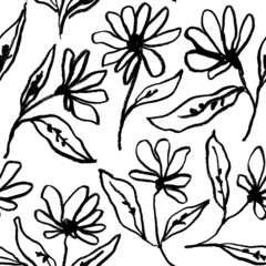 Hand drawing wild plants, herbs and flowers. Vector seamless pattern with botanical black elements. Line drawing of abstract flower. Chamomile and daisy decorative black and white ornament