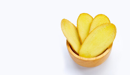 Ginger slices on a white background.
