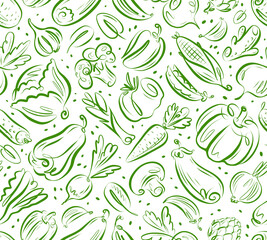 Fresh vegetables seamless pattern. Vegetarian healthy farm organic food background. Contour vector drawing