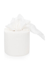 a roll of toilet paper on a white isolated background pieces of toilet paper sticking out of the roll
