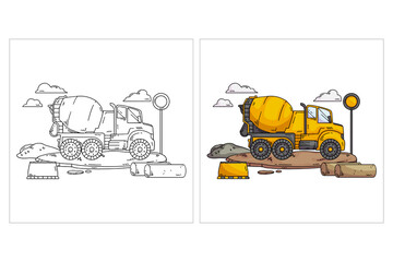 Hand drawn cute Construction Vehicle for coloring page(concrete mixer truck)