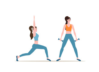 Fototapeta na wymiar People do sport exercises, vector illustration set. Cartoon young man woman sportive characters in sportswear training with dumbbells, healthy fitness sports workout 