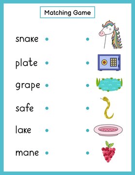 Phonics matching game with a-e spelling rule. Match the phonics sound words with pictures activity page for kids. Vector illustration