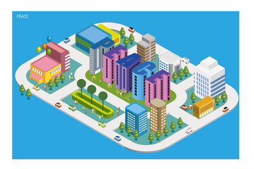 楽しい街並みと暮らしの風景。人々が明るく暮らせる建物と街づくり。アルファベットの可愛いビル。