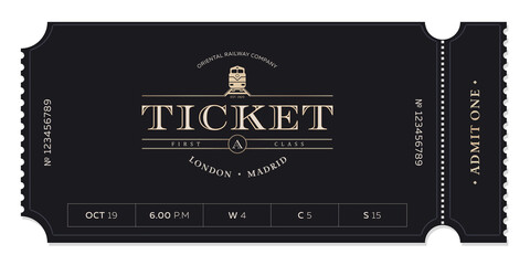 Train vintage ticket template on dark background. For excursion routes, retro parties and clubs and other projects. Just add your own text. Vector. can be used for printing. - obrazy, fototapety, plakaty