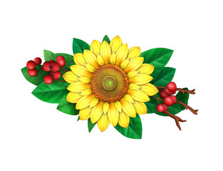 Sunflower and red viburnum - symbol of Ukraine isolated on a white background. 3D render.