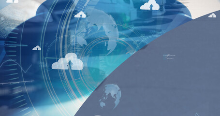 Image of clouds and diverse data floating over car