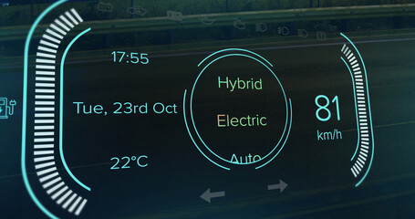 Image of speedometer, power type, charge and status data on hybrid vehicle interface