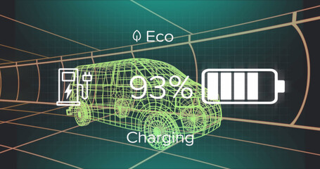 Image of charge status data on electric vehicle interface, over 3d van model © vectorfusionart