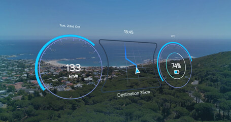 Image of speedometer, gps and charge data on electric vehicle interface, over coastal view
