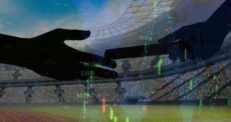 Financial data processing against silhouette of hand passing a baton against sports stadium