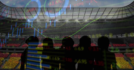 Naklejka premium Statistical data processing against silhouette of fans cheering and sports stadium in background