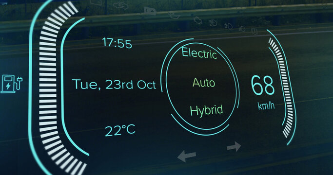 Image of speedometer, power type, charge and status data on hybrid vehicle interface