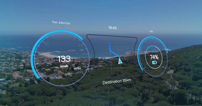 Image of speedometer, gps and charge data on electric vehicle interface, over coastal view - Powered by Adobe