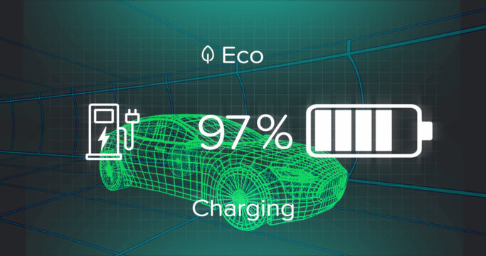 Image of charge status data on electric vehicle interface, over 3d car model