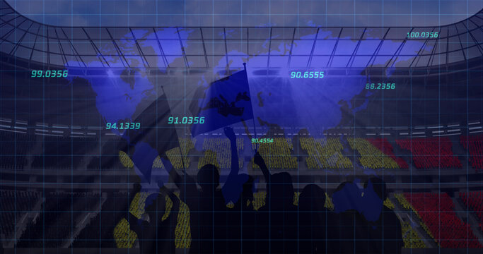 Multiple numbers floating over world map against silhouette of fans and sports stadium in background