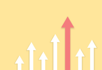 Growing bars graphic with rising red arrow on a yellow background. Minimal design concept. Vector illustration