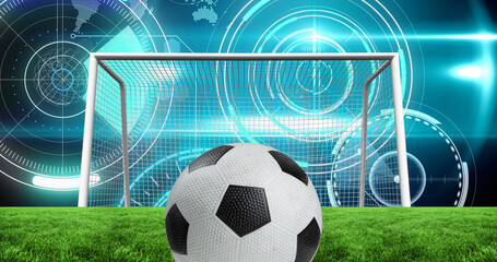 Image of scopes scanning and data processing over football in sports stadium