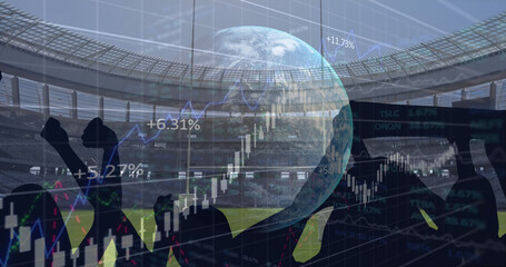 Image of globe with graphs and data processing over cheering fans at sports stadium