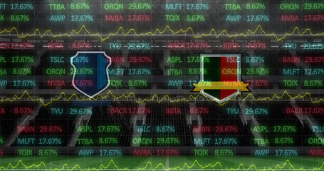 Image of team emblems with data processing over sports stadium
