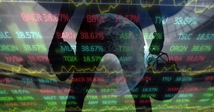Image of data processing over midsection of american football player at sports stadium