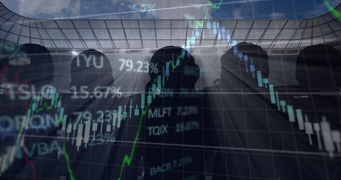Image of graphs and data processing over spectators at sports stadium