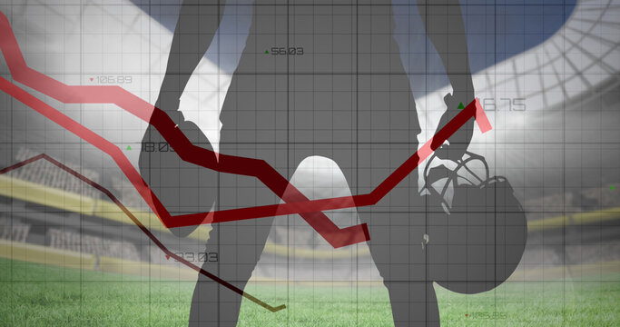 Image of graphs and data processing over midsection of american football player at stadium