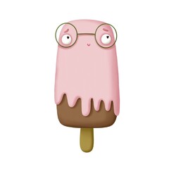 Cute cartoon illustration with chocolate ice cream on a stick in pink glaze with eyes and a smile