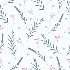 Seamless pattern with hand drawn cute colorful plant elements, twigs, flowers, grass on a light background. Doodle, simple flat illustration. It can be used for decoration of textile, paper.