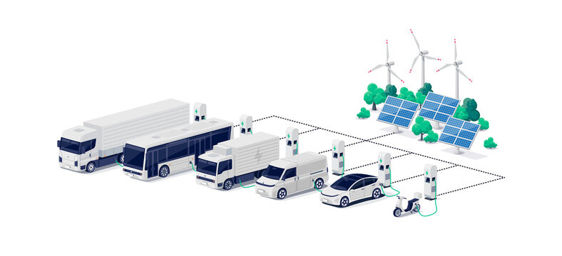 Company electric cars fleet charging on parking lot with charger station and many charger stalls. Bus, semi truck, van, motorcycle, business vehicles on renewable solar wind energy in network grid.