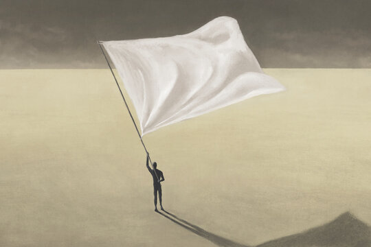 Illustration of man waving big white flag, surreal abstract concept