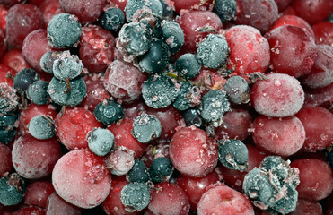 Frozen cherries and currants, top view.