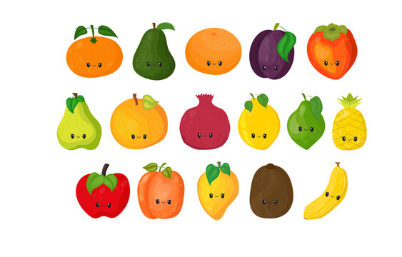 Set of Cute Kawaii Fruits in One Style. Collection of sixteen illustrations of cute fruits. Vector illustration of a cute character. 