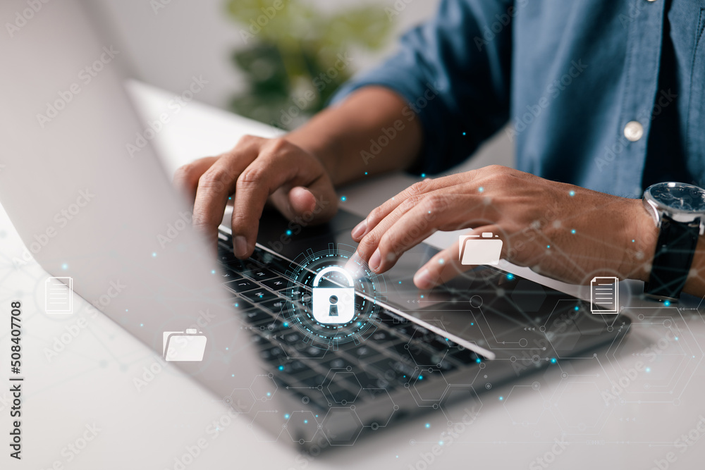 Aufkleber Concept of document security. System for document management (DMS). Online documentation database and digital file storag. To acquire access to files, log onto the cloud computing system network.