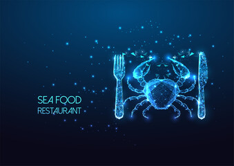 Futuristic seafood restaurant concept with glowing low polygonal crab and cutlery on dark blue 