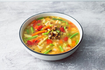 healthy plant-based food, vegan asian vegetable soup with mixed vegtable and soy protein