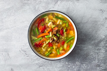 healthy plant-based food, vegan asian vegetable soup with mixed vegtable and soy protein