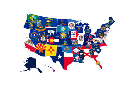 United States of America map with Federal state flages illustration