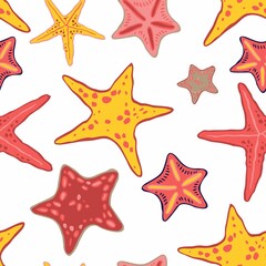 Fototapeta na wymiar Decorative seamless pattern with red, yellow starfish isolated on white. Background with underwater silhouettes animals for printing on fabric, wallpaper, wrapping paper. Cartoon vector illustration